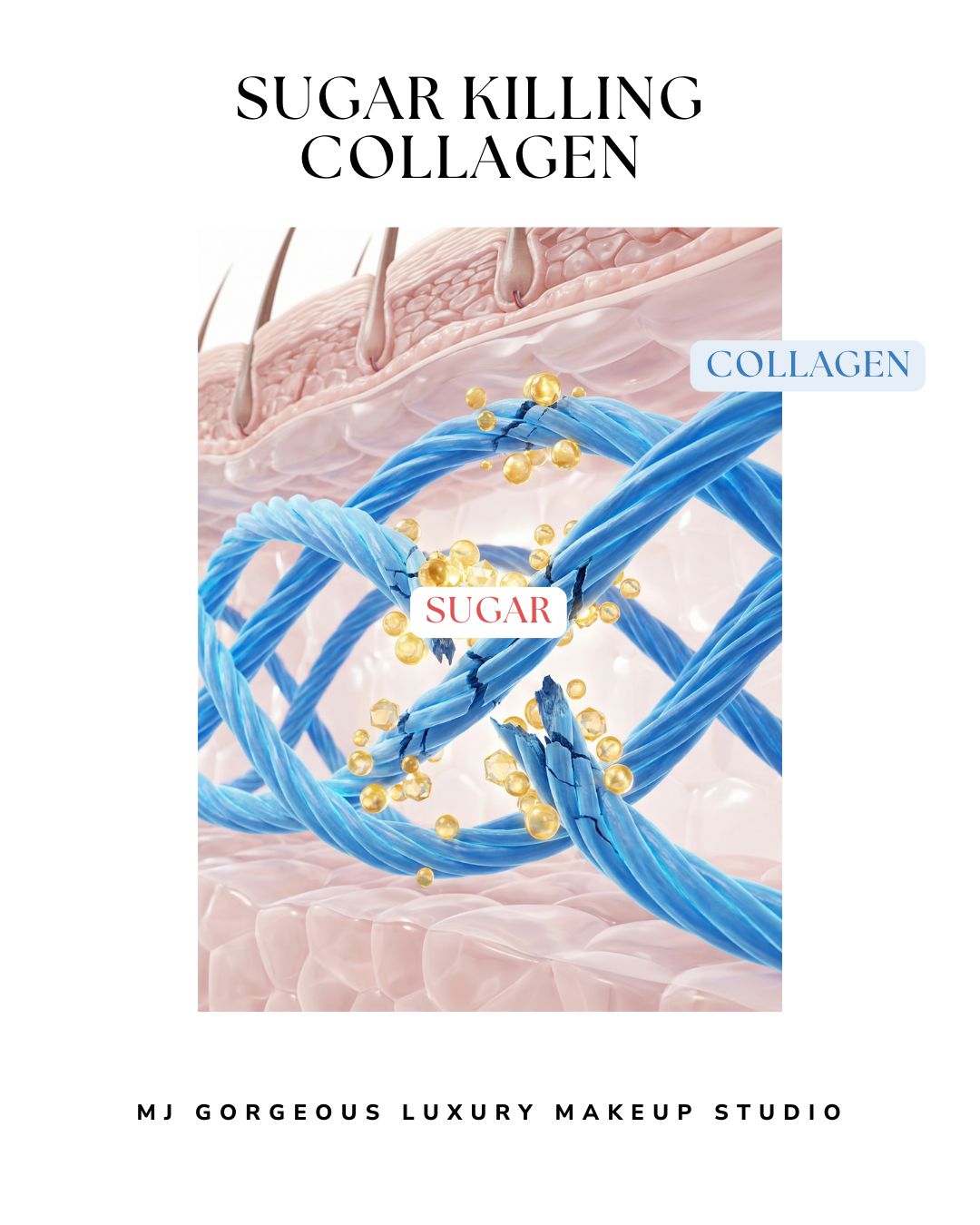 3D illustration of sugar molecules damaging collagen through glycation