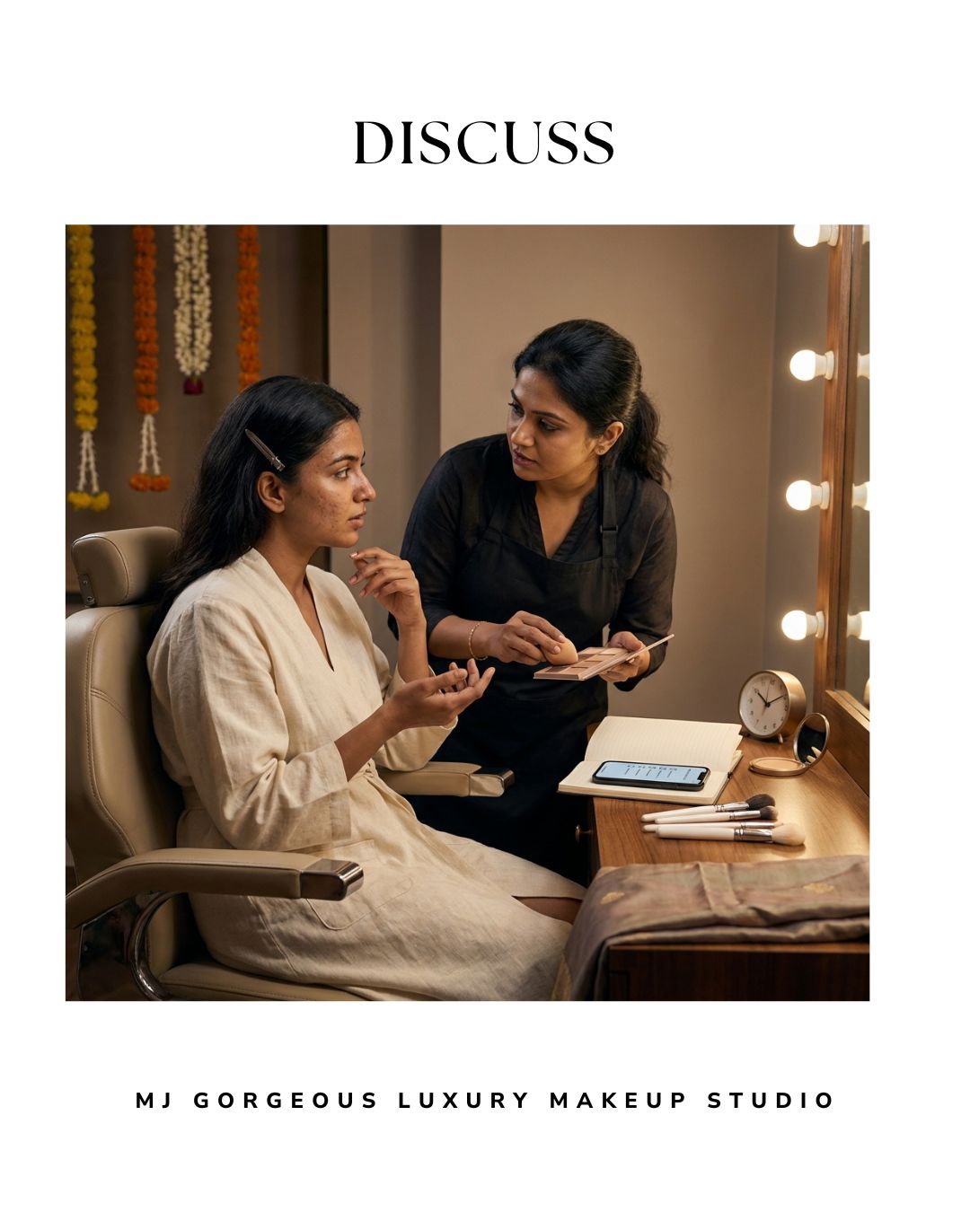 Bride consulting makeup artist