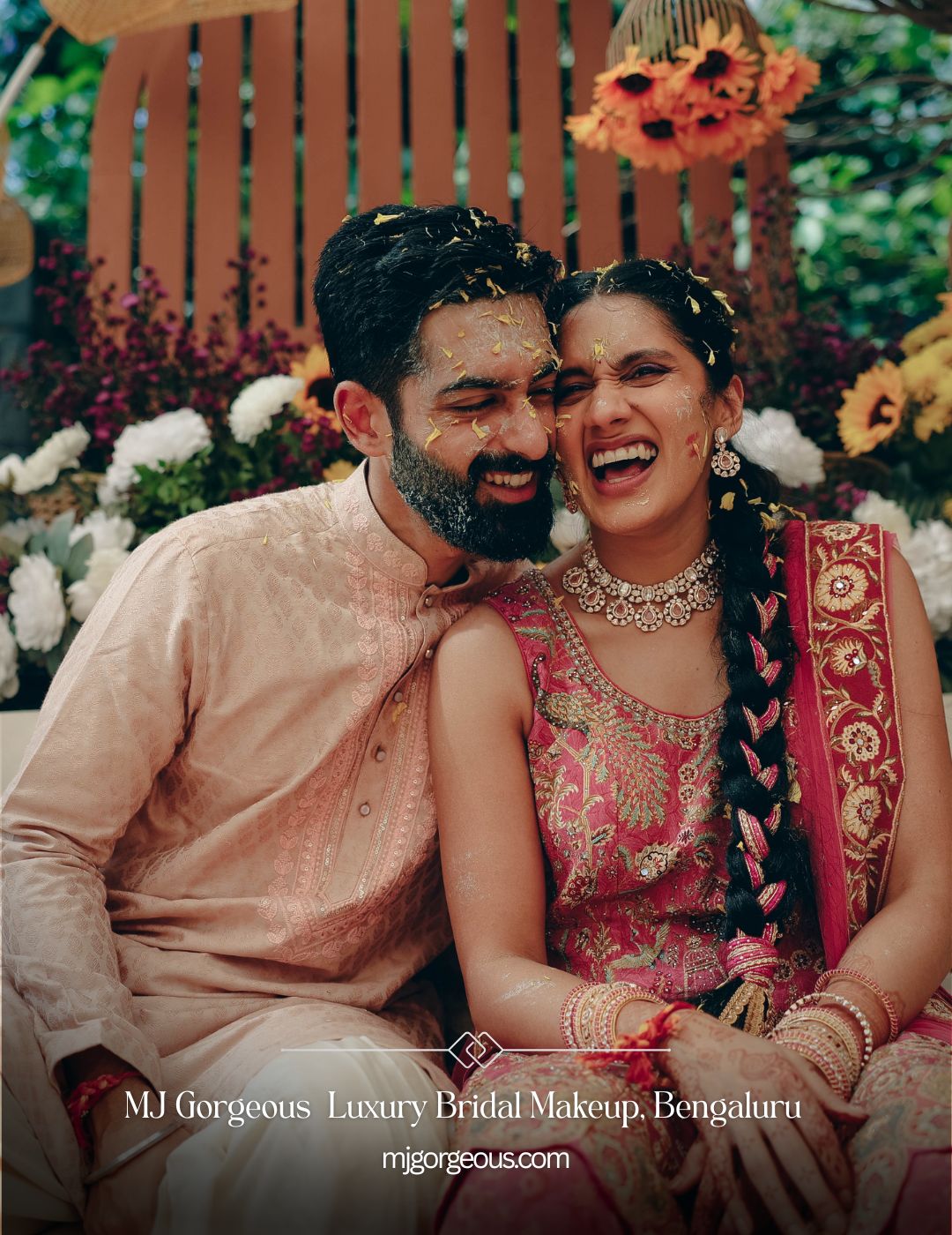 Haldi couple portrait — luxury bridal makeup Bangalore by MJ Gorgeous