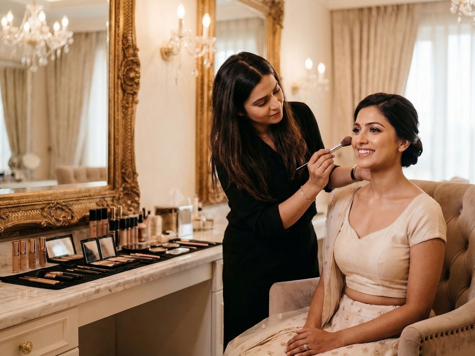 Bridal makeup artist applying foundation