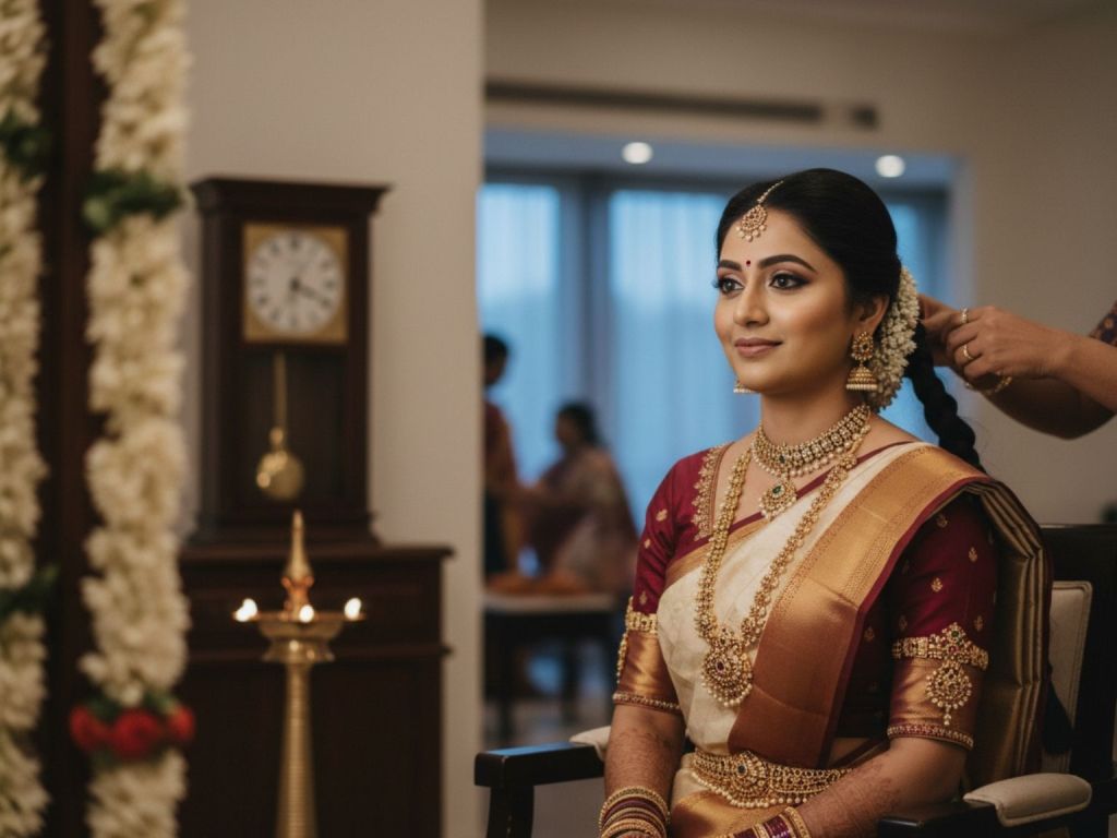 South Indian bride getting ready early for muhurtham bridal makeup in Bangalore