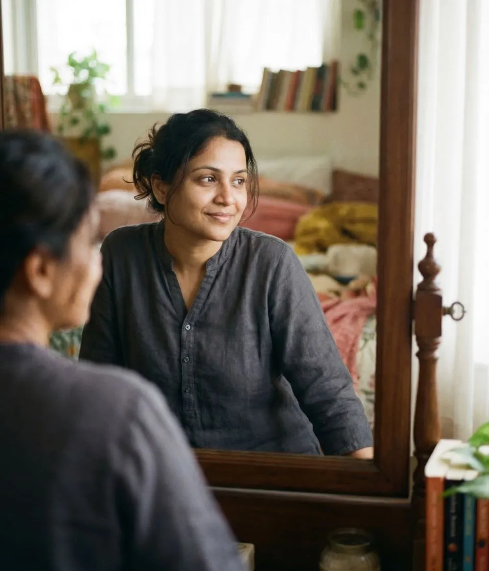 Indian woman looking at herself in mirror with quiet confidence — personal grooming workshop result at MJ Gorgeous Bangalore