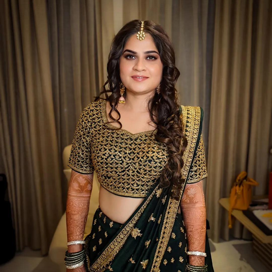 HD sangeet makeup in Bangalore by MJ Shekhar — natural skin-like finish for South Indian sangeeth