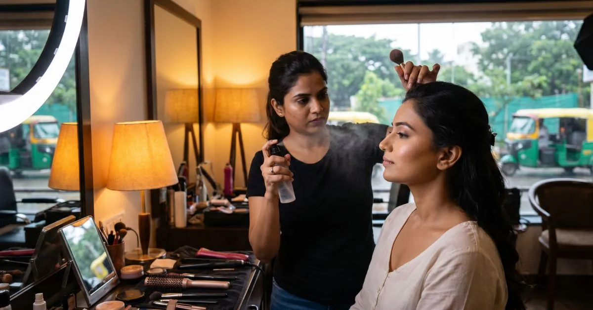 Makeup artist preparing bride indoors