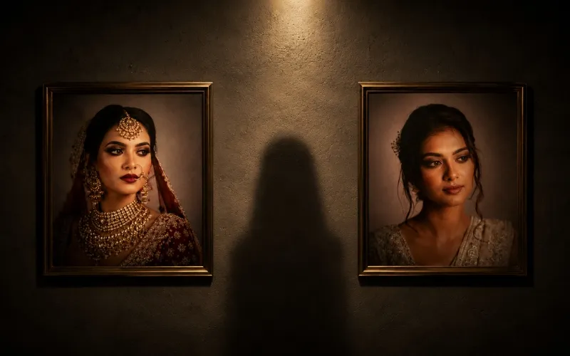 Two portrait photographs side by side on a dark wall - one showing a heavily transformed bridal look, one showing natural refined bridal makeup on the same Indian woman.