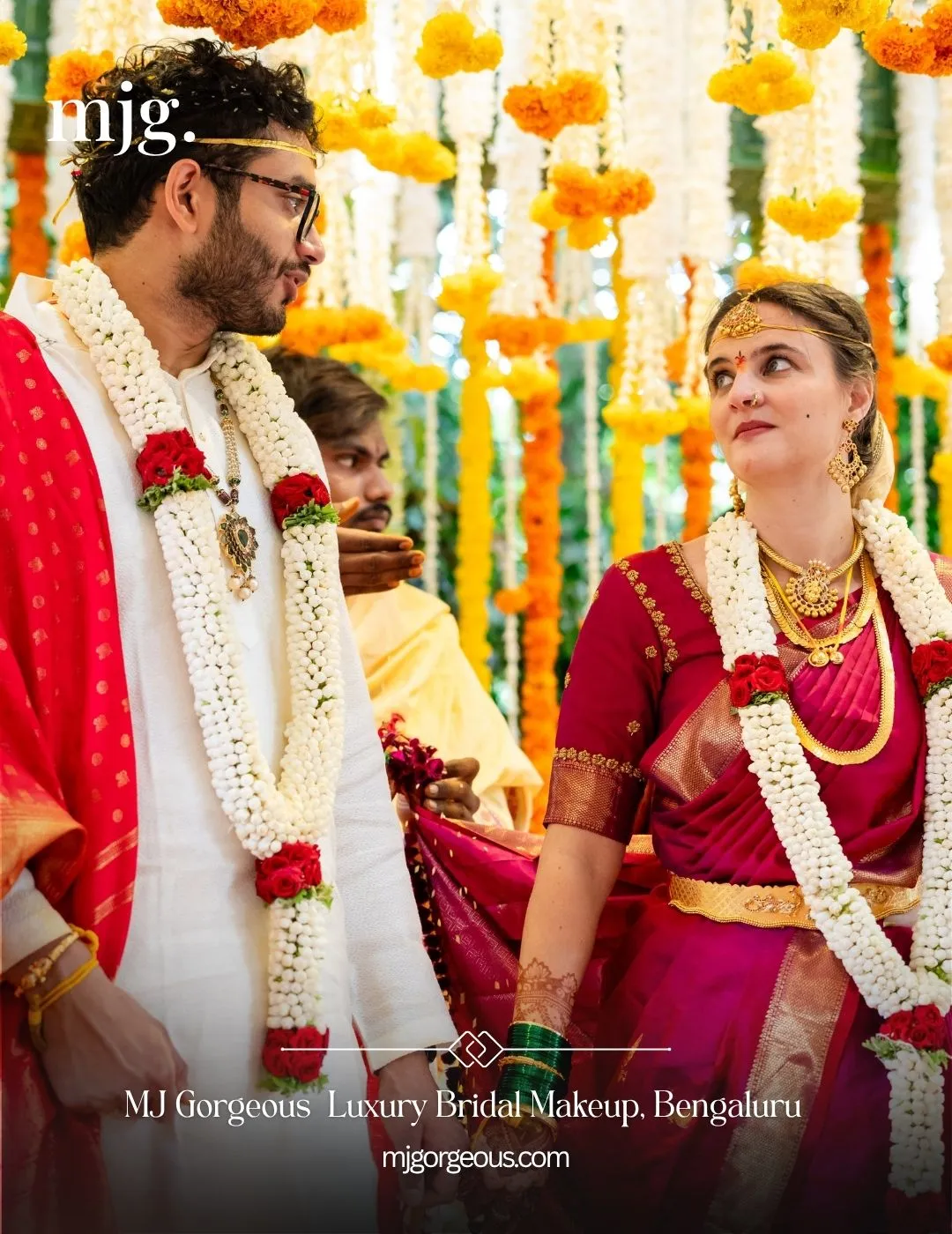French bride in traditional South Indian bridal makeup and jewellery by MJ Gorgeous Bangalore
