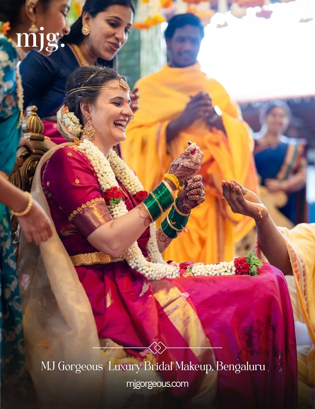 MJ Shekhar preparing an international bride for a South Indian wedding ceremony in Bangalore