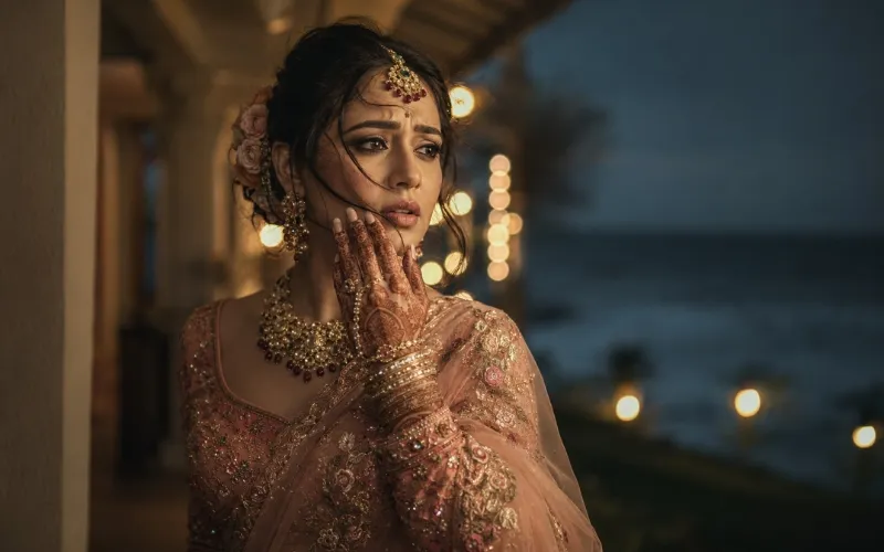 bride-humid-beach-mehndi-makeup-moment An Indian bride at a coastal mehndi function touching her cheek with quiet concern as humidity begins to affect her makeup.