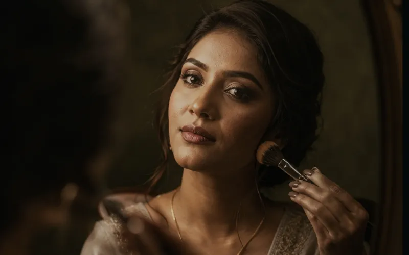 hd-makeup-acne-prone-skin-natural-finish An Indian bride with textured acne-prone skin showing a natural HD makeup finish that covers softly without looking cakey.