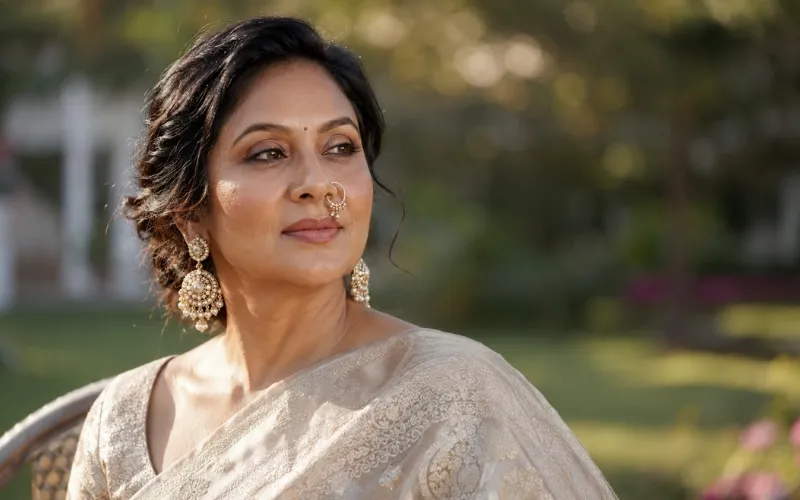 Confident mature Indian bride in champagne Banarasi saree with soft glam bridal makeup in an outdoor garden