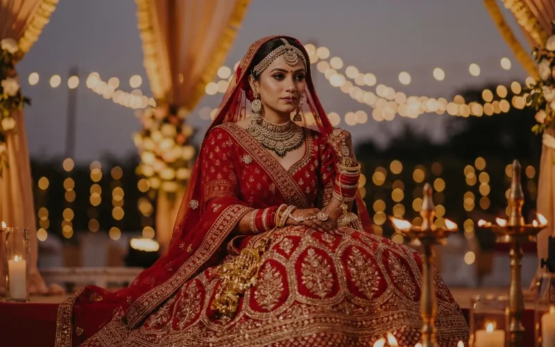 North Indian bride adorned in embroidered red lehenga with layered gold jewellery, moments before the evening pheras