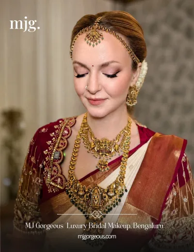 South Indian bride with temple jewellery and jasmine, makeup by MJ Gorgeous in Bangalore